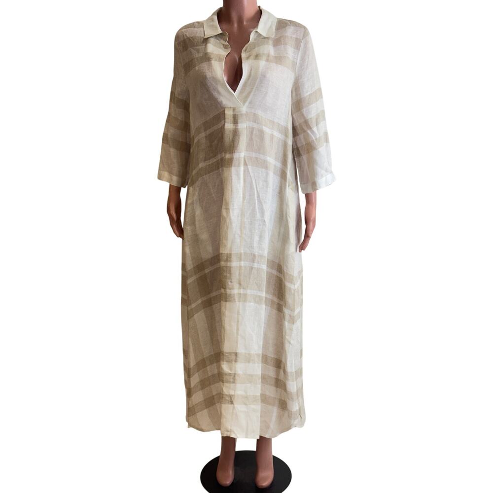 Alembika Linen Tunic Maxi Dress Womens 2 /M Beige Plaid Relaxed Fit Lagenlook